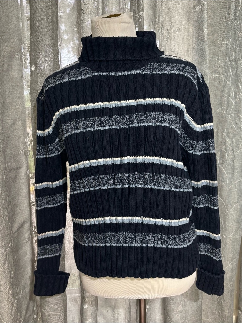 Dockers Navy Ribbed Turtleneck Sweater with Gray & White Stripes